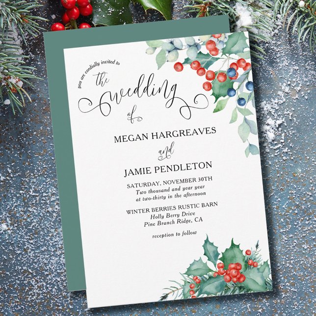 Winter Berries and Holly Watercolor Wedding Invitation (Creator Uploaded)
