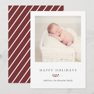 Winter Berries and Stripes Happy Holidays Photo Holiday Card