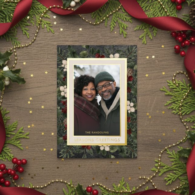 Winter Berries Black Seasons Greetings Photo Foil Holiday Card (Creator Uploaded)