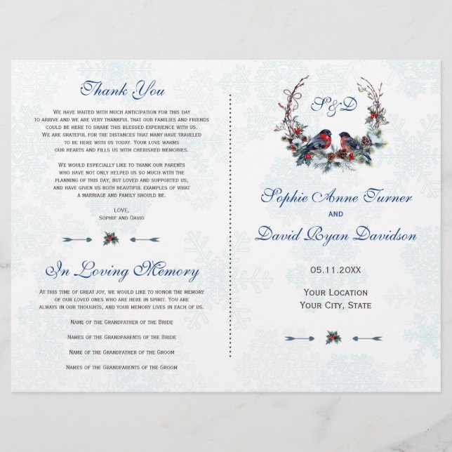 Winter Berries Bullfinch Wreath Wedding Program (Front)