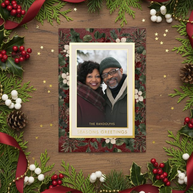 Winter Berries Burgundy Seasons Greetings Photo Foil Holiday Card (Creator Uploaded)