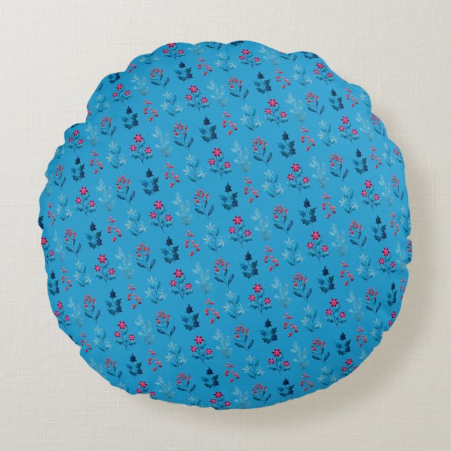 Winter berries & cosy cute blue round cushion (Front)