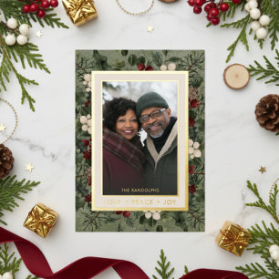 Winter Berries Green Love Peace Joy Photo Foil Holiday Card