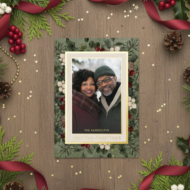 Winter Berries Green Seasons Greetings Photo Foil Holiday Card (Creator Uploaded)