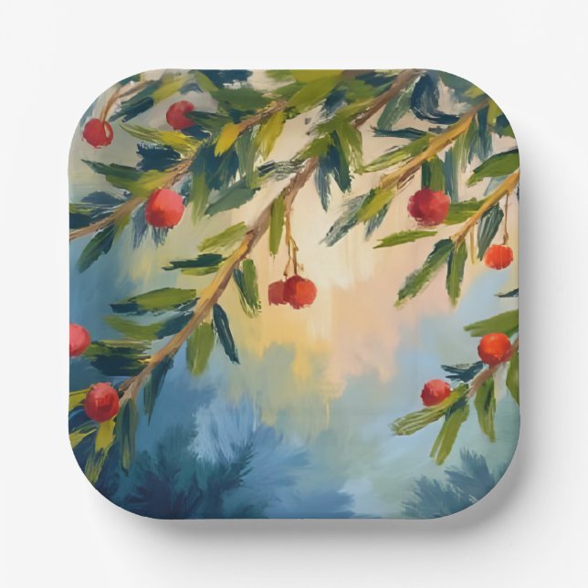 Winter Berries & Greenery | Holiday Party Paper Plate (Front)
