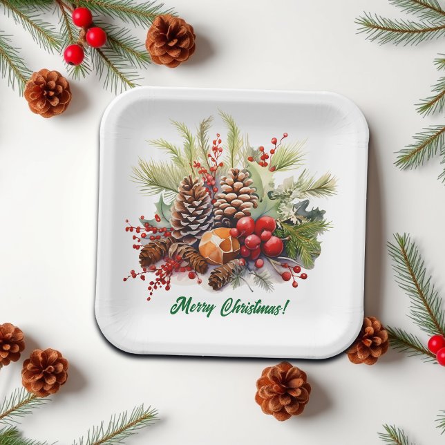 Winter Berries Greenery Pine Cones Paper Plate (Creator Uploaded)