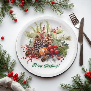 Winter Berries Greenery Pine Cones Paper Plate