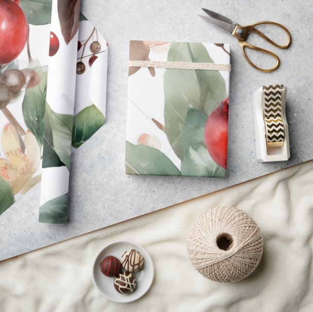 Winter Berries Greenery Watercolor Holiday Wrapping Paper (Crafts)