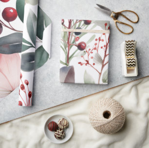 Winter Berries Greenery Watercolor Holiday Wrapping Paper