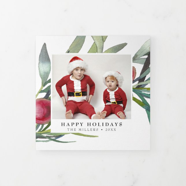 Winter Berries Holly Christmas Trifold Photo Card (Cover)