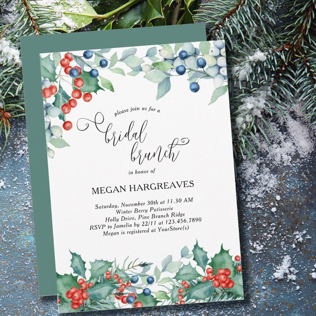 Winter Berries Holly Watercolor Bridal Brunch Invitation (Creator Uploaded)