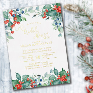 Winter Berries Holly Watercolor Bridal Shower Gold