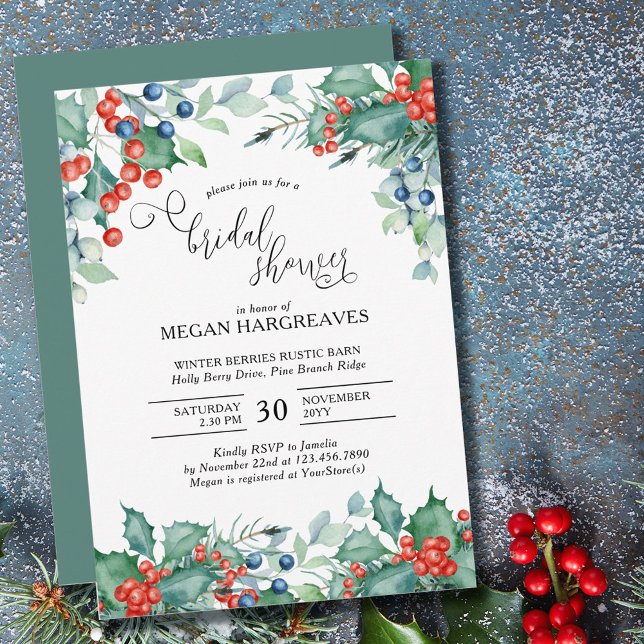 Winter Berries Holly Watercolor Bridal Shower Invi Invitation (Creator Uploaded)