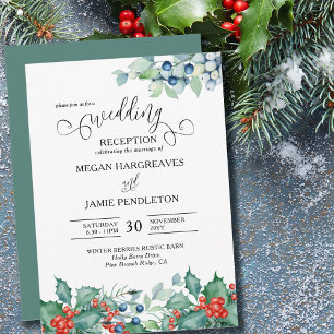Winter Berries Holly Watercolor Wedding Reception Invitation