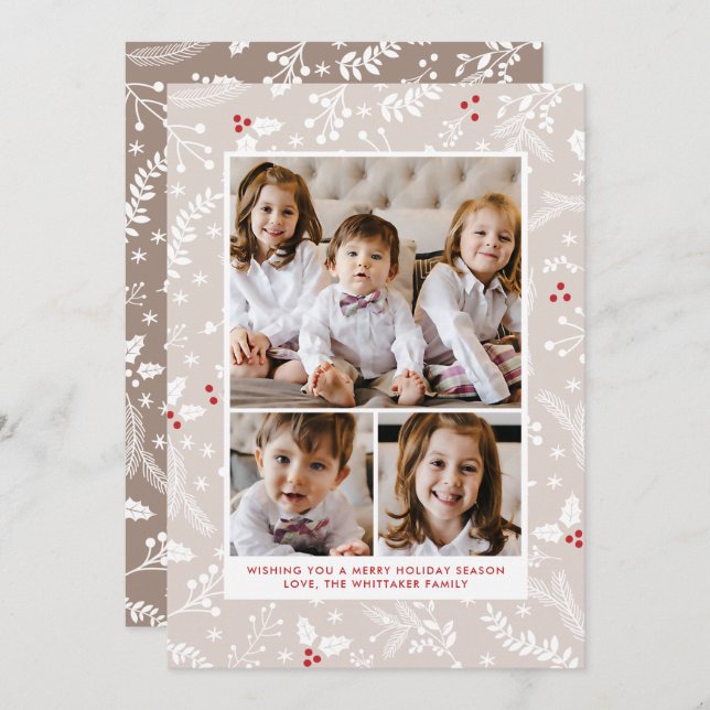 Winter Berries in Ecru Christmas Holiday Flat Card (Front/Back)