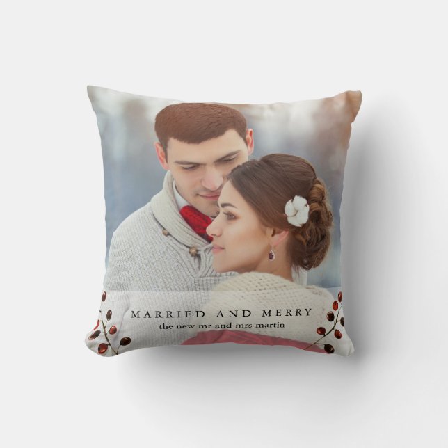 Winter Berries Married and Merry Photo Pillow (Front)