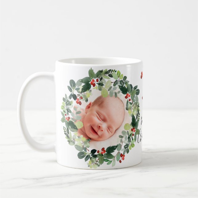 Winter Berries Merry Christmas Custom Photo Coffee Mug (Left)