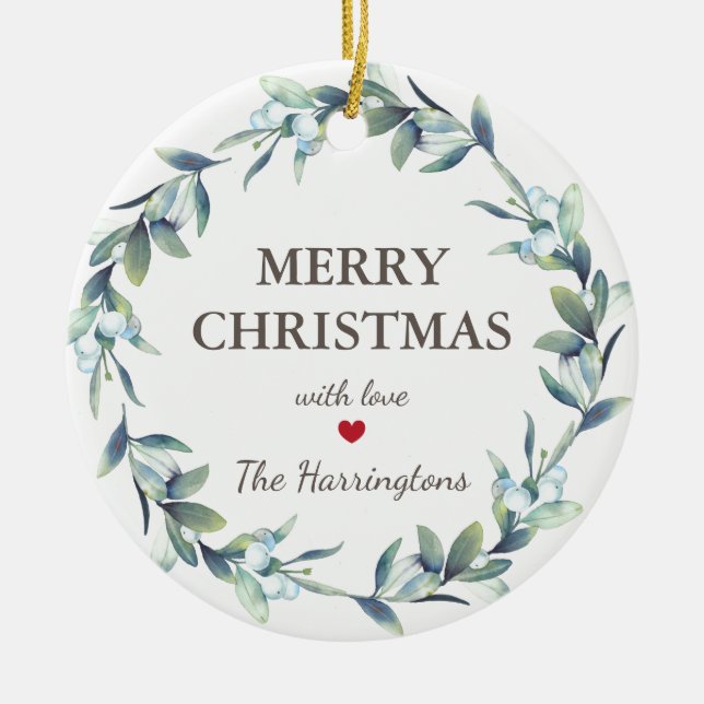 Winter Berries Merry Christmas Holiday Ceramic Ornament (Front)