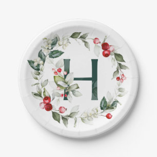 Winter Berries Monogram H  Paper Plate