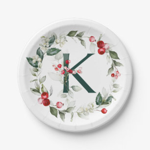 Winter Berries Monogram K Paper Plate