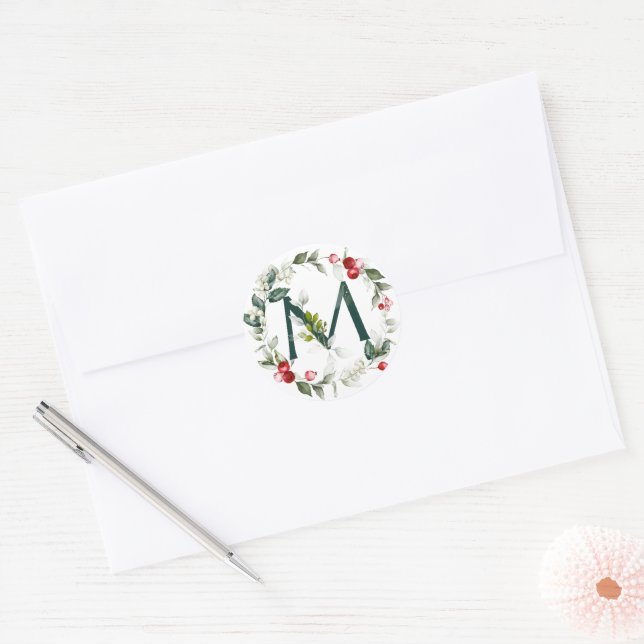 Winter Berries Monogram M Small Round Labels (Envelope)