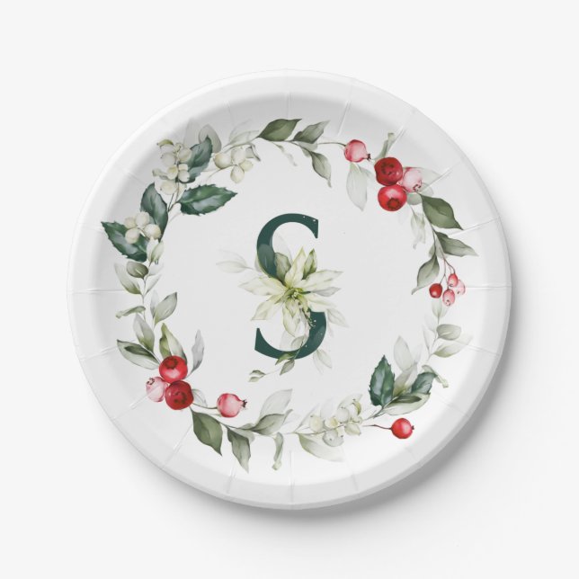 Winter Berries Monogram S  Paper Plate (Front)