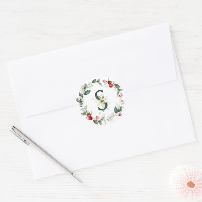 Winter Berries Monogram S Small Round Labels (Envelope)