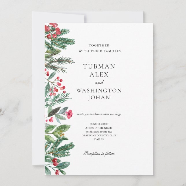 Winter Berries Pine Cone Greenery Wedding Invitation (Front)