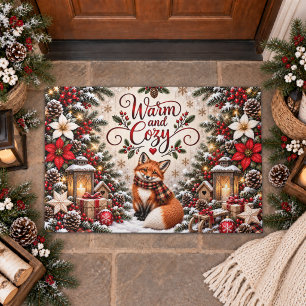 Winter Berries Pine Cones Fox Illustration Doormat