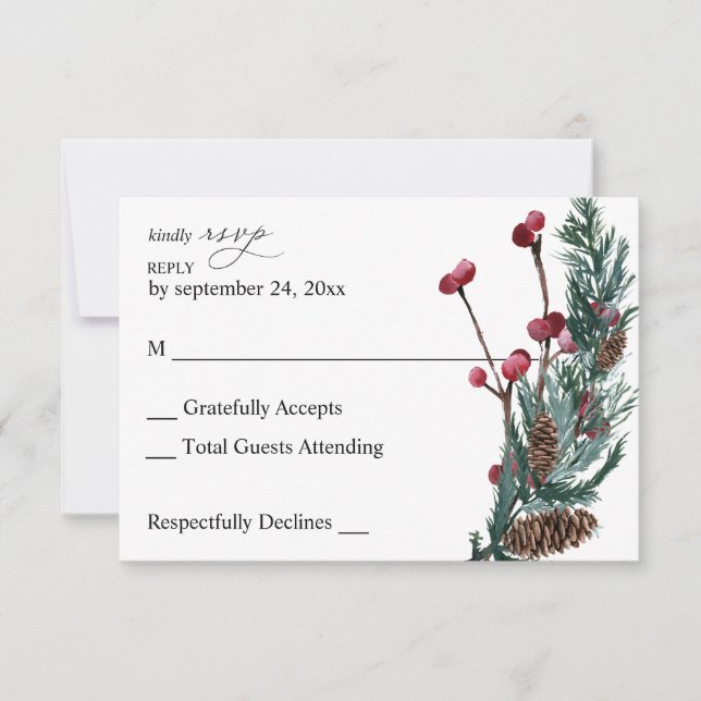 Winter Berries & Pine Greenery no Meal RSVP Card (Front)