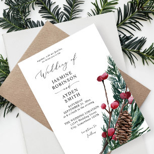 Winter Berries & Pine Greenery Wedding  Invitation