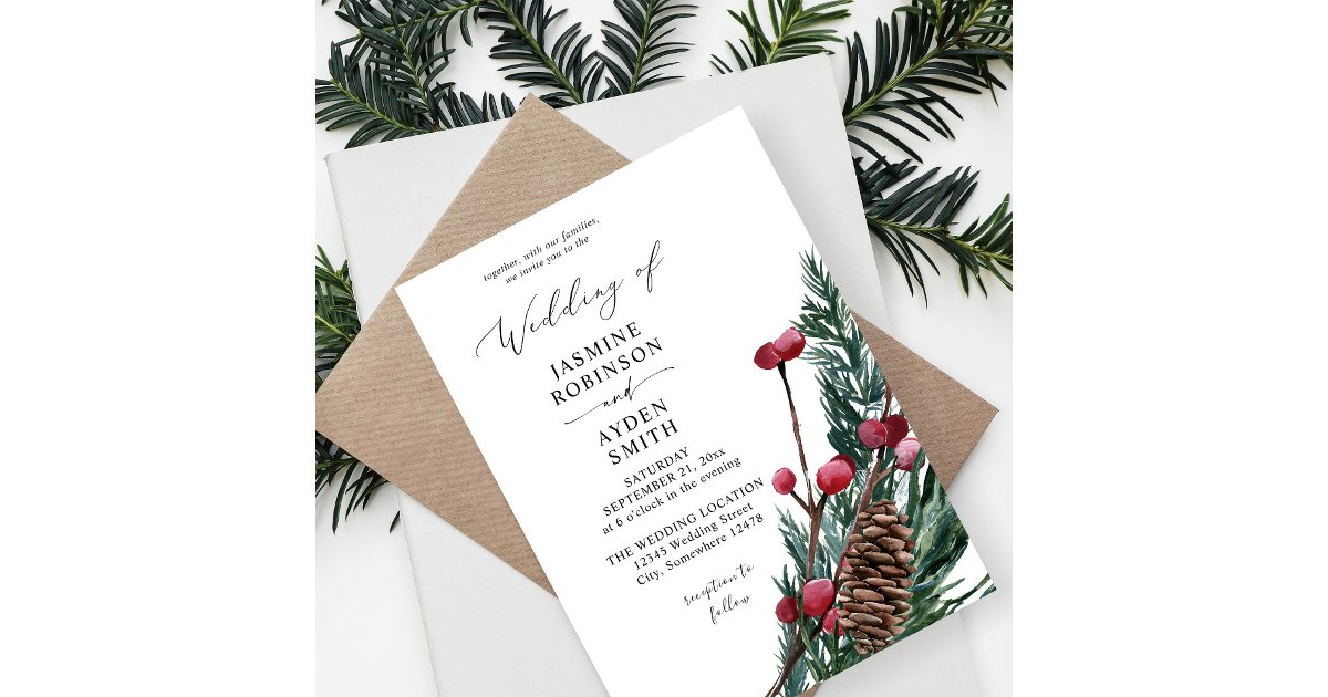 Winter Berries & Pine Greenery Wedding Invitation | Zazzle
