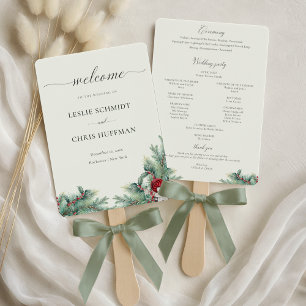 Winter Berries & Pine Greenery Wedding Program Hand Fan