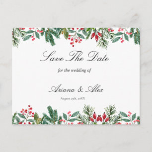 Winter Berries Pine Greenery Wedding Save The Date Postcard