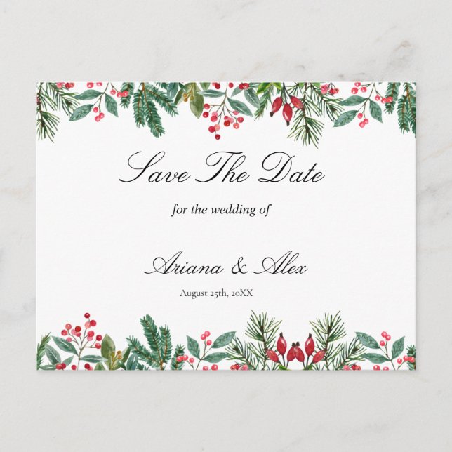 Winter Berries Pine Greenery Wedding Save The Date Postcard (Front)
