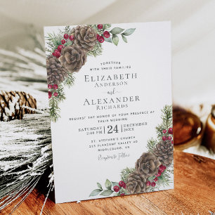 Winter Berries Pine Watercolor Christmas Wedding Invitation