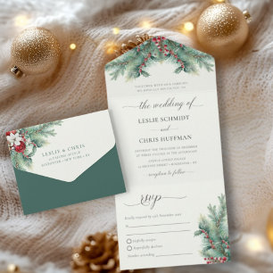 Winter Berries & Pine Watercolor Greenery Wedding  All In One Invitation