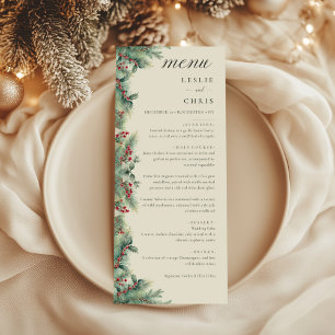 Winter Berries & Pine Watercolor Greenery Wedding Menu
