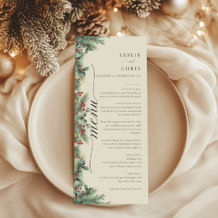Winter Berries & Pine Watercolor Greenery Wedding Menu