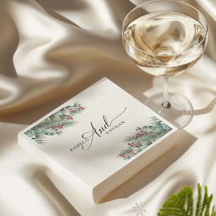 Winter Berries & Pine Watercolor Greenery Wedding Napkin