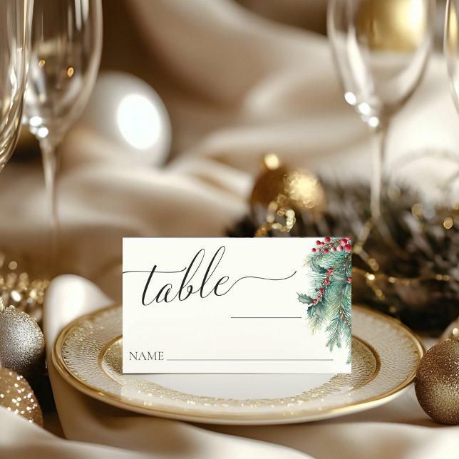 Winter Berries & Pine Watercolor Greenery Wedding Place Card (Creator Uploaded)