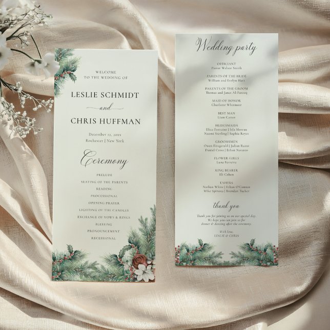 Winter Berries & Pine Watercolor Greenery Wedding  Program (Creator Uploaded)
