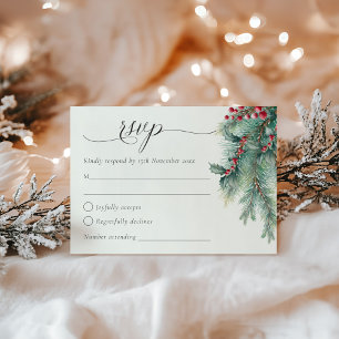 Winter Berries & Pine Watercolor Greenery Wedding RSVP Card