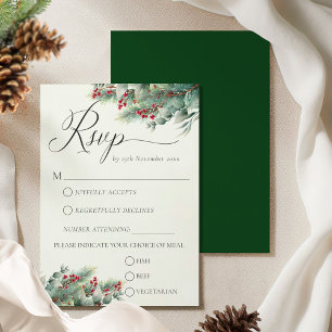 Winter Berries & Pine Watercolor Greenery Wedding RSVP Card