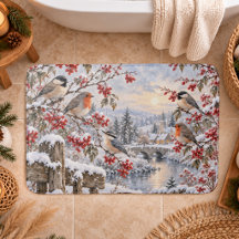 Winter Berries Snowy Village Birds Illustration