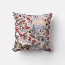 Winter Berries Snowy Village Birds Illustration