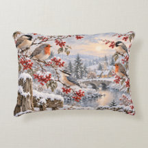 Winter Berries Snowy Village Birds Illustration