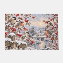 Winter Berries Snowy Village Birds Illustration
