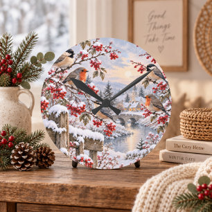 Winter Berries Snowy Village Birds Illustration Round Clock