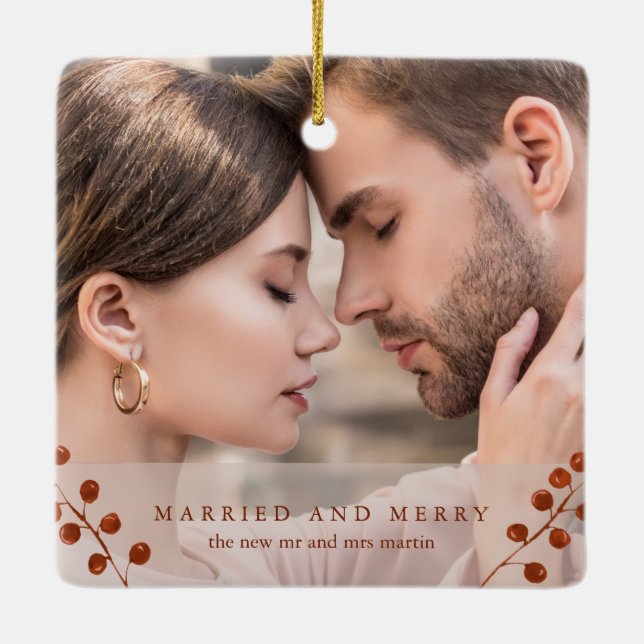 Winter Berries Terracotta Married and Merry Photo Ceramic Ornament (Back)